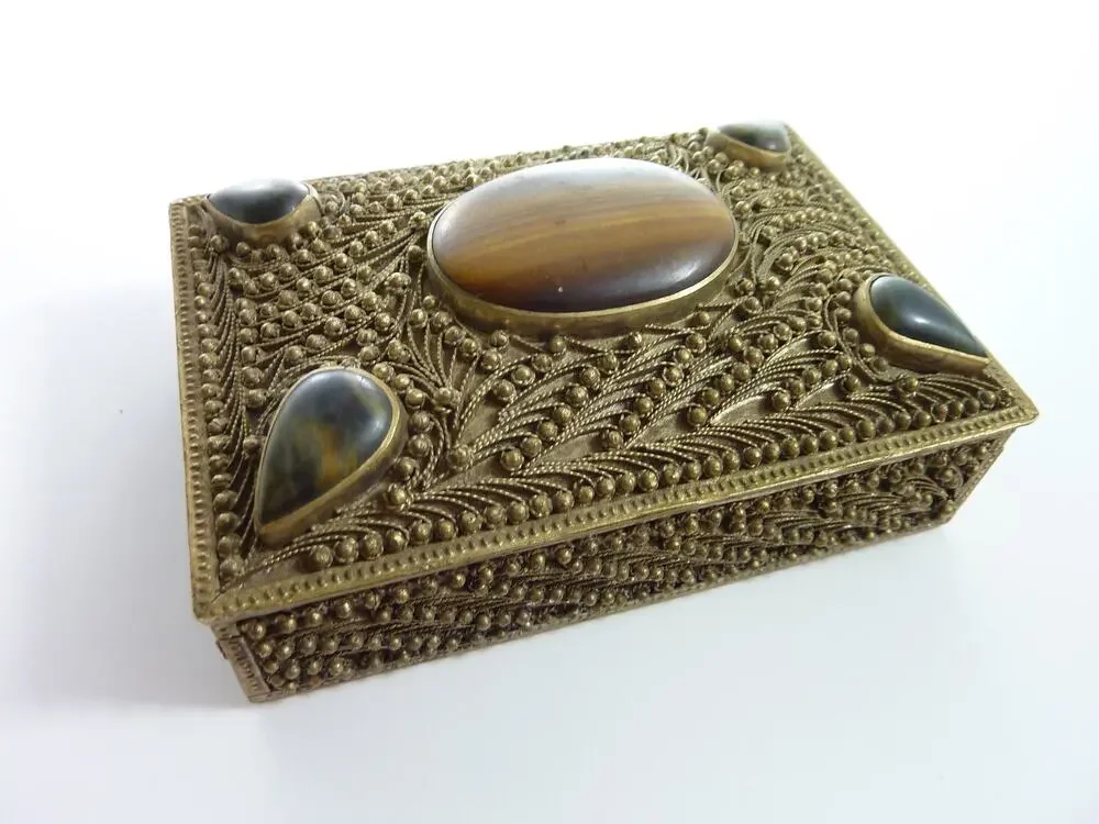 Vintage Tibetan Filigree Brass Trinket Box Nepal Tigers Eye Jewelry Chest MCM